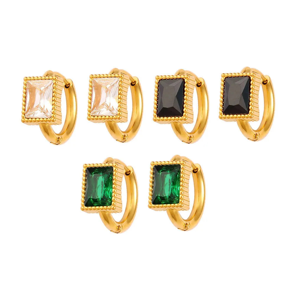 Square zircon stainless steel earrings with geometric design in white, black and green colours