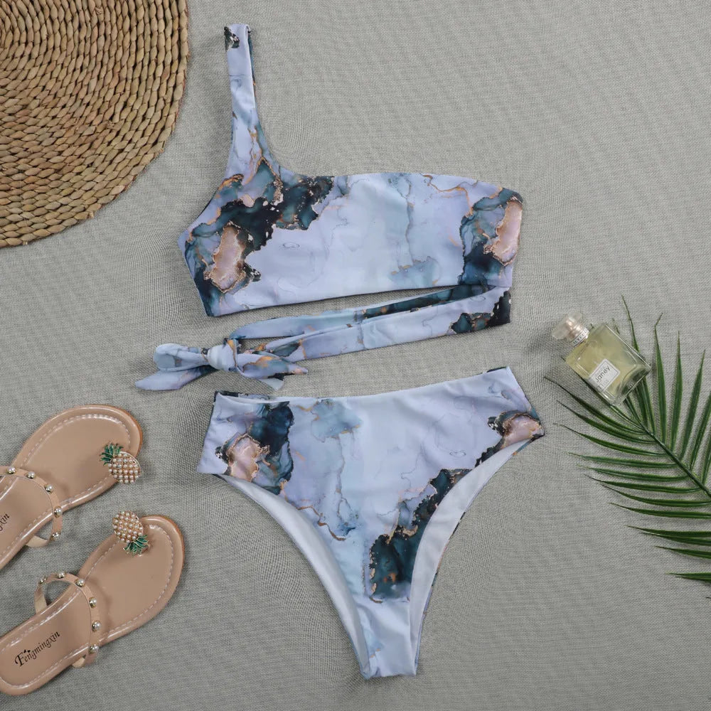 Women's marble tie-dye high-waist bikini with U-neck top for swimming.