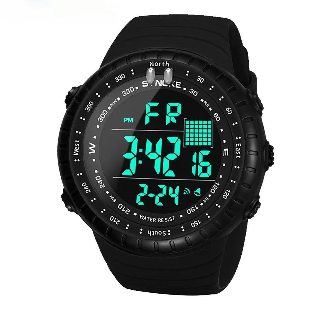 Black men's waterproof digital outdoor watch with large dial and adjustable PU strap