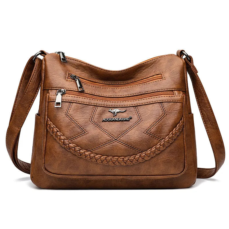 Soft PU leather shoulder bag in horizontal square shape with large capacity and zippered compartments