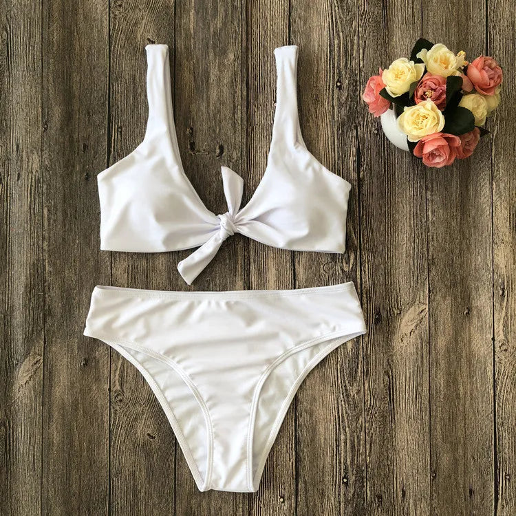 Solid colour polyester bikini swimsuit in five colour options showing front view