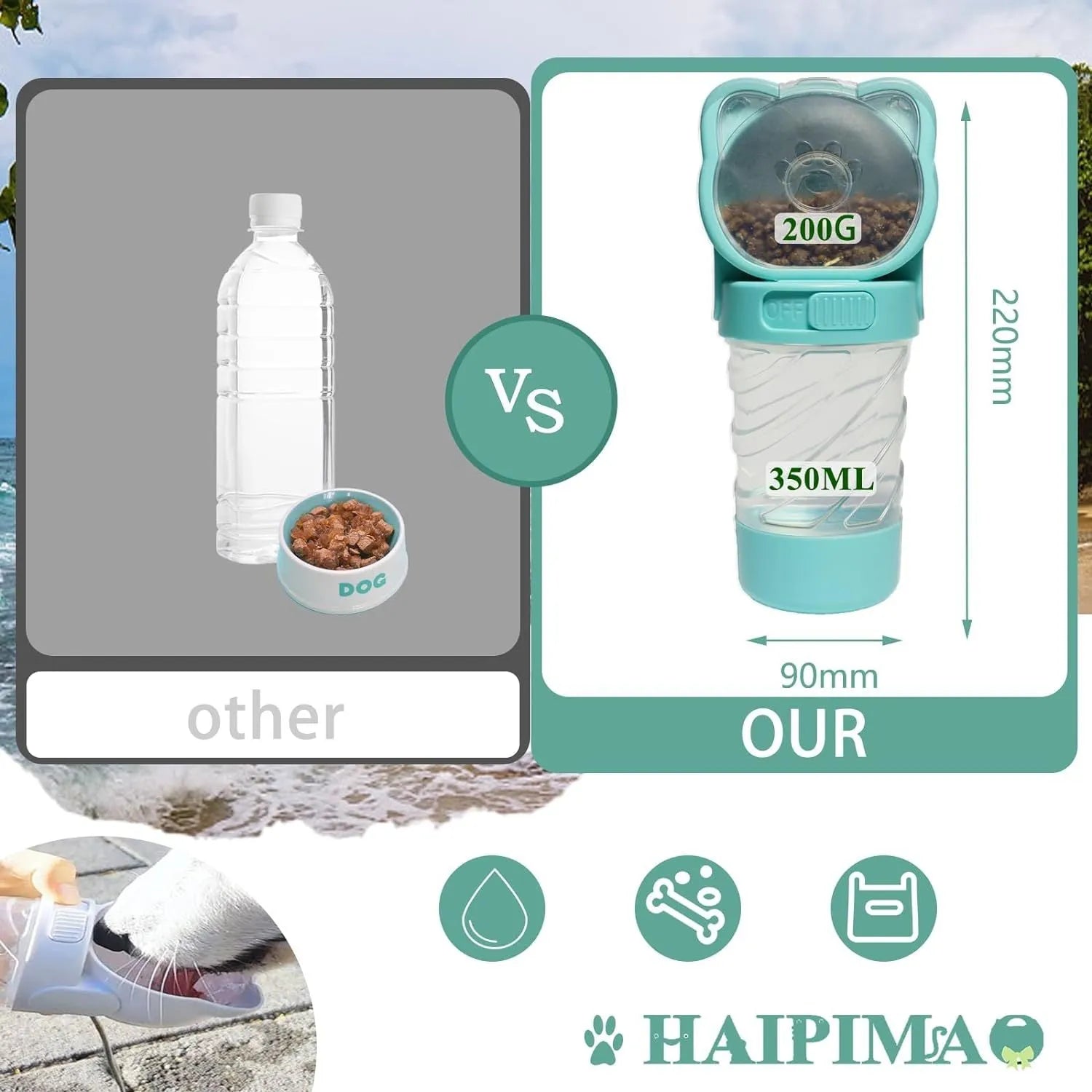 Green pink and white 3 in 1 portable pet water bottle with food container and bag dispenser