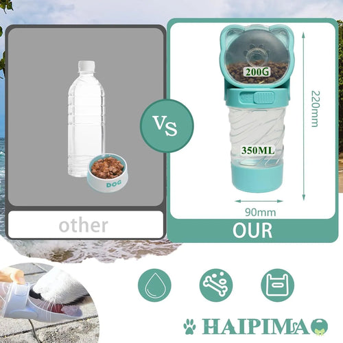 Green pink and white 3 in 1 portable pet water bottle with food container and bag dispenser