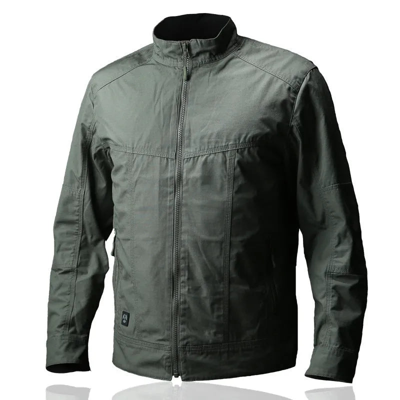 Men's brown polyester tactics assault jacket with camouflage pockets on a mannequin.