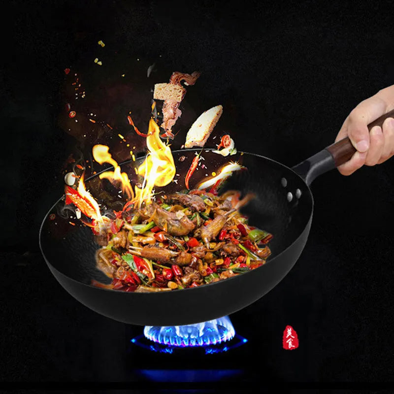 Traditional black iron wok pan with wooden handle and glass lid option