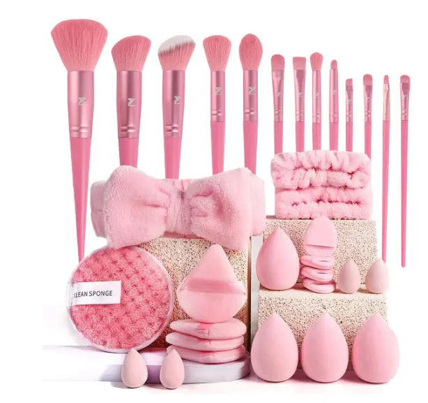 40-piece makeup brush set with hydrophilic non-latex bristles in brown, pink, and purple colour options