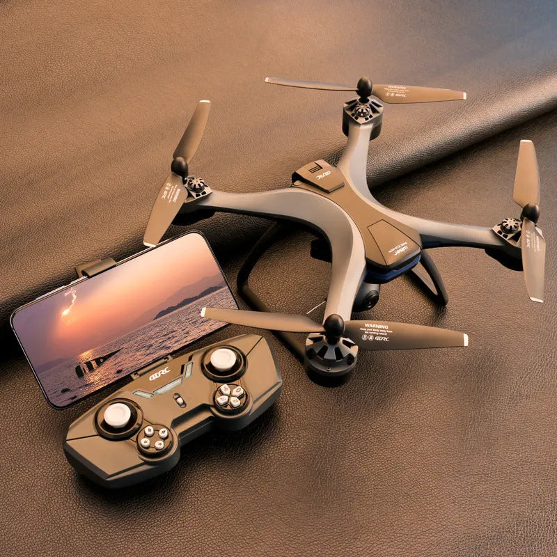 GPS quadrocopter drone with anti-fall protection and dual cameras, shown with remote controller and spare blades