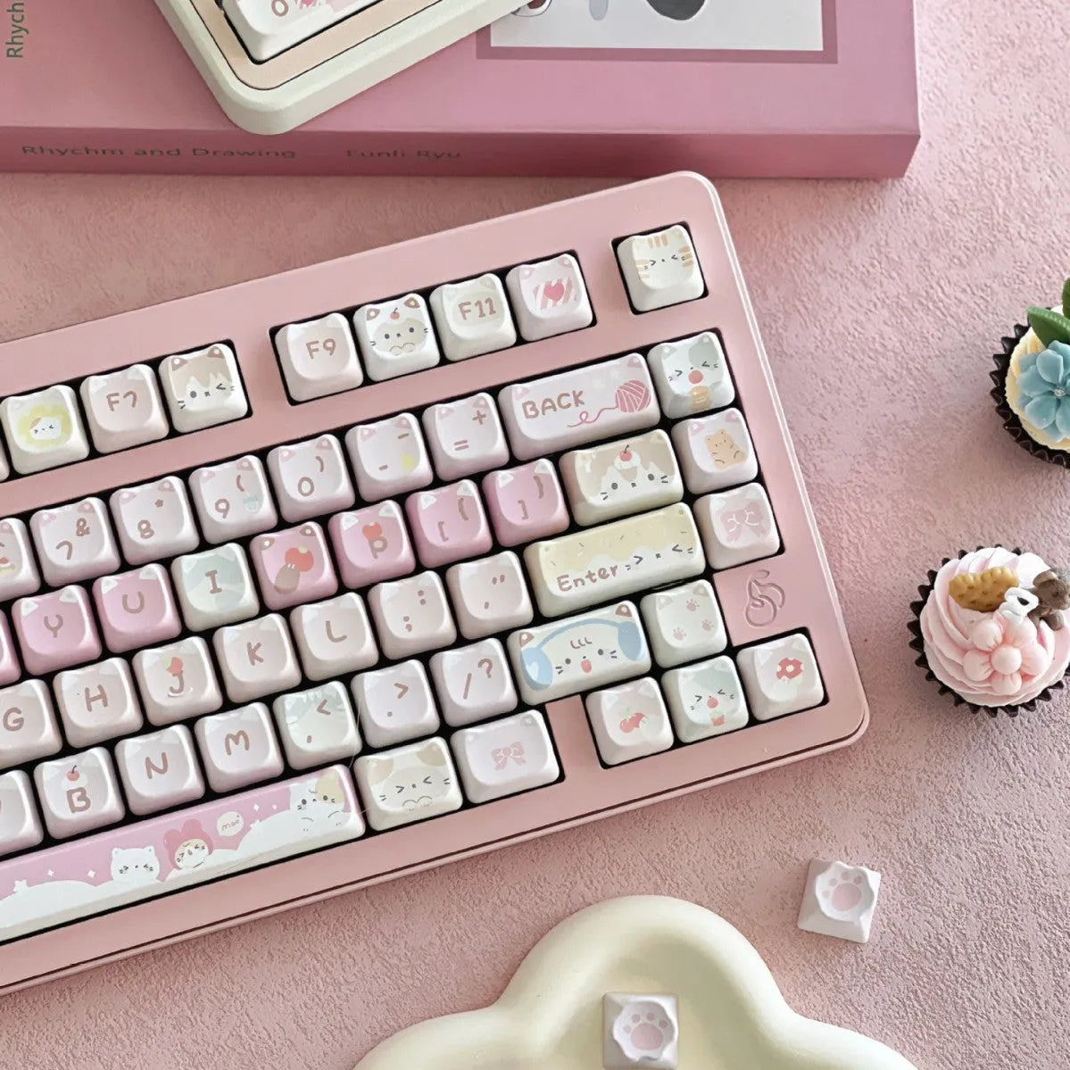 Meow Meow Team full set of 141 sublimation printed plastic keycaps for mechanical keyboards.