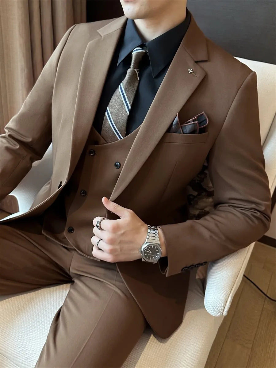 Men's slim-fit business trousers in camel, brown, and dark green viscose blend fabric