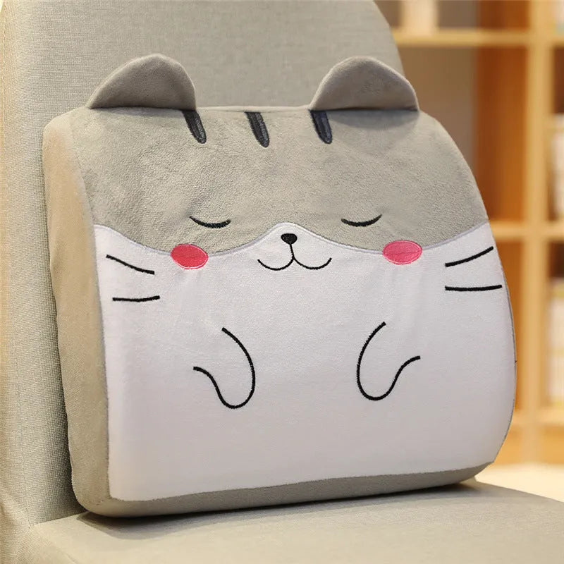Cartoon-themed car seat cushion with memory foam core and removable cover in various designs like Pink Unicorn and Gray Cat.