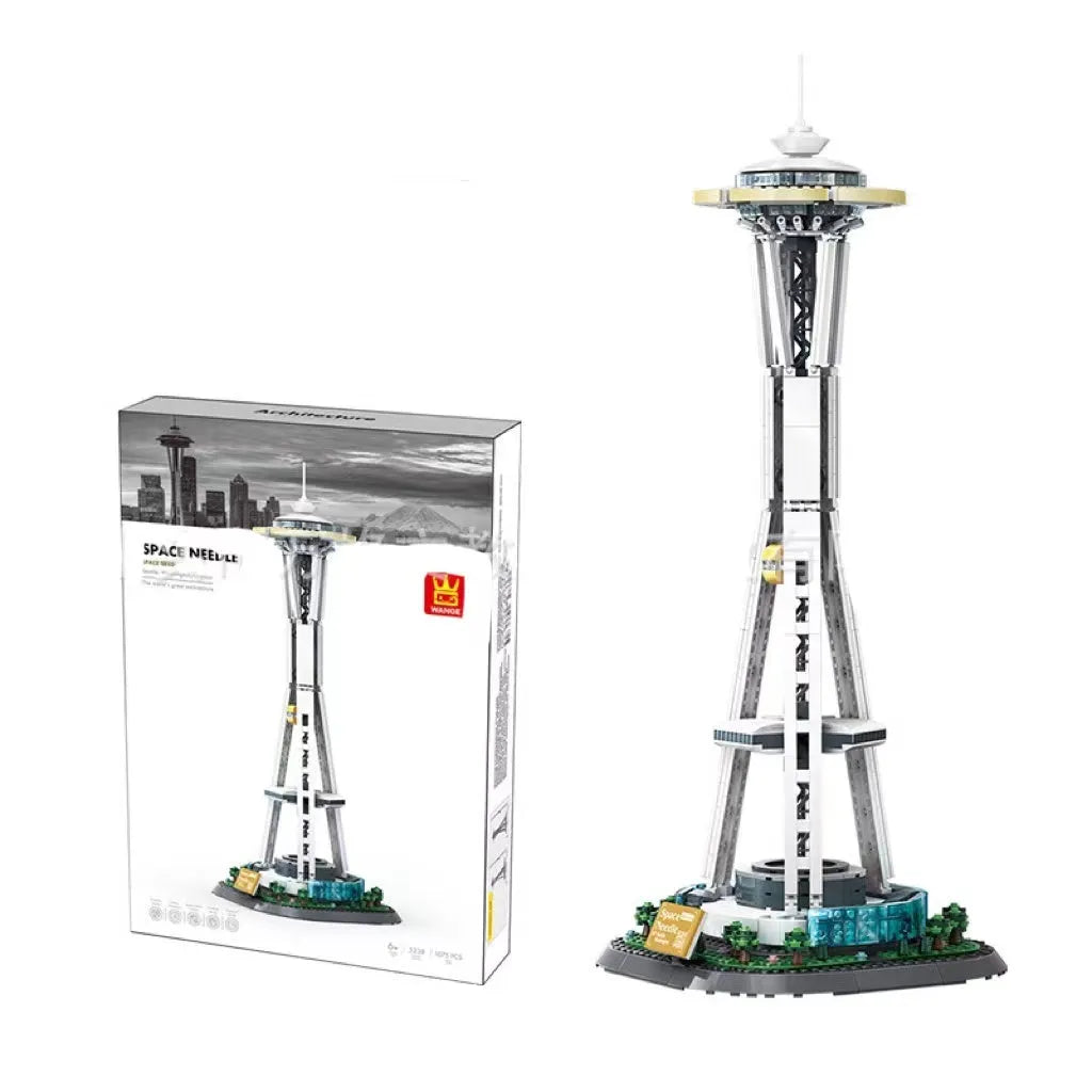 Wange building block set showing over 800 small ABS plastic pieces for constructing global landmark models.