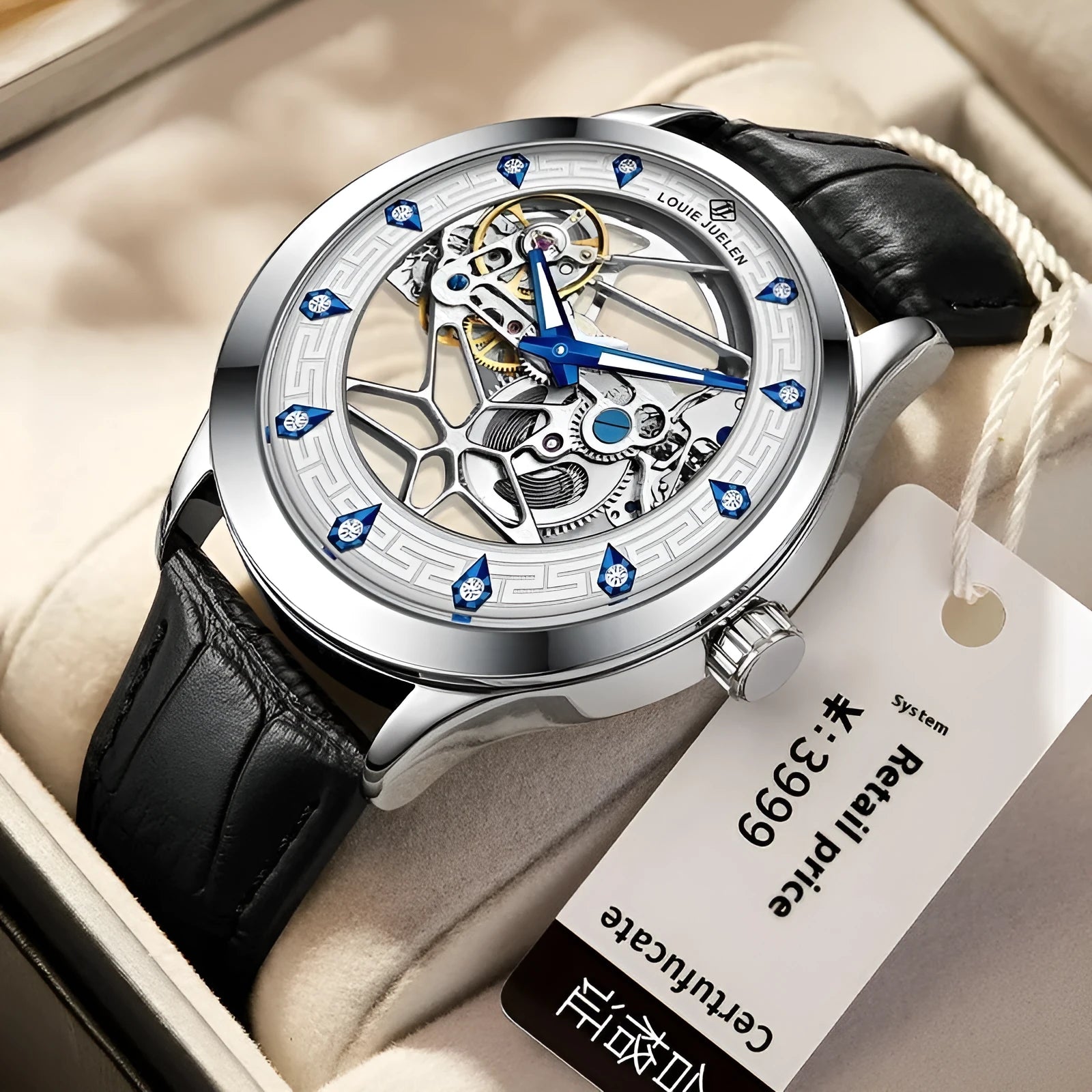 Men's silver stainless steel mechanical watch with white dial, blue luminous hands, and a black leather strap.