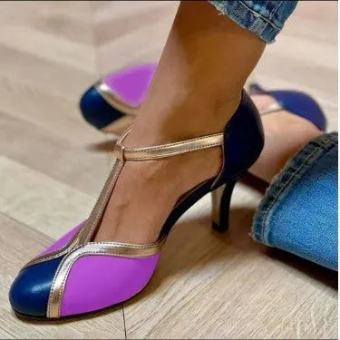 Women's round toe high heel shoes with button fastening in wine red black, blue rose red, and light blue pink colours