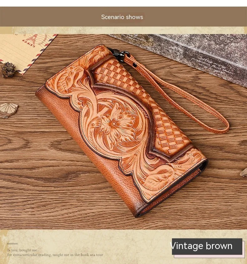 Retro brown embossed floral pattern tri-fold women's wallet made of genuine cowhide leather.