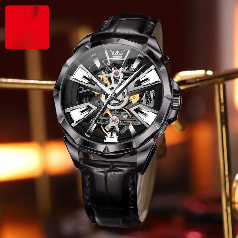 Automatic mechanical watch for men with skeleton dial, stainless steel case, and brown leather strap.