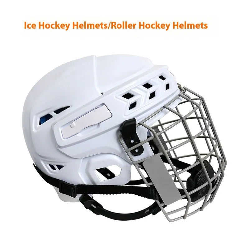 Ice hockey helmet with carbon steel face mask shown in four available sizes: S, M, L, and XL