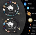 Set of two natural stone beaded bracelets showing zodiac sign designs on a cord.