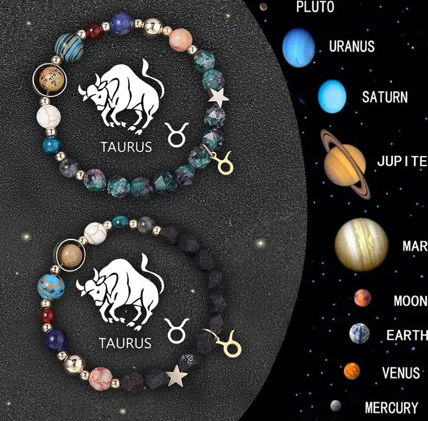 Set of two natural stone beaded bracelets showing zodiac sign designs on a cord.
