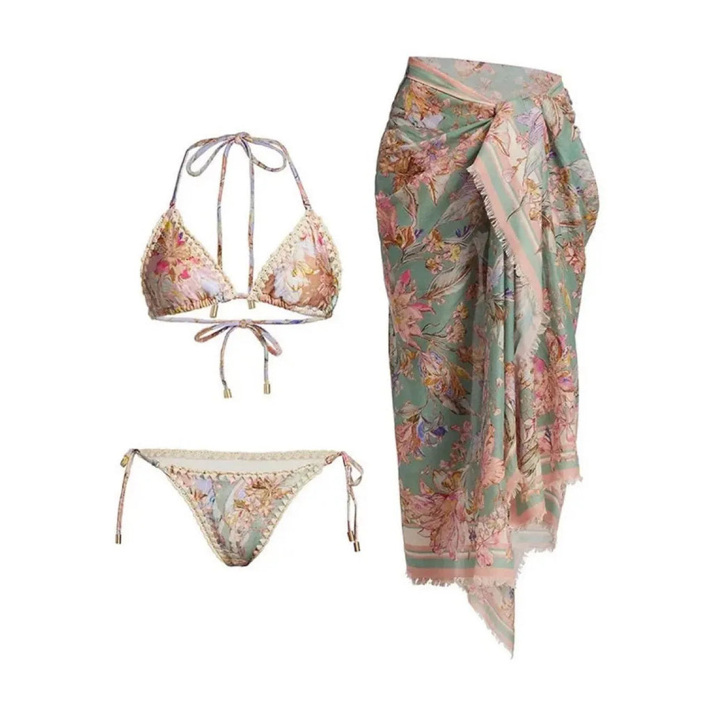 Women's floral print bikini set with skirt in creamy white beige colour