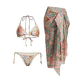 Women's floral print bikini set with skirt in creamy white beige colour