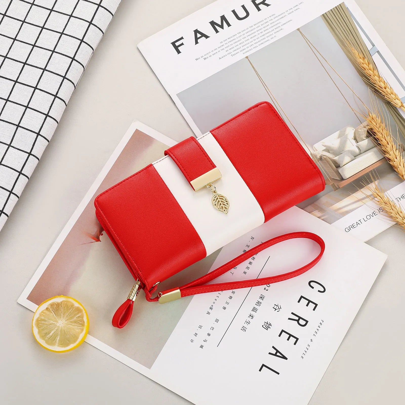 Anti-theft clutch bag in PU leather with zip lock closure, showing interior microfiber lining and compact design