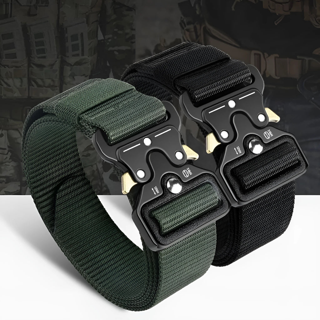 Men's thick canvas tactical belt with an alloy release buckle shown in Army Green colour.