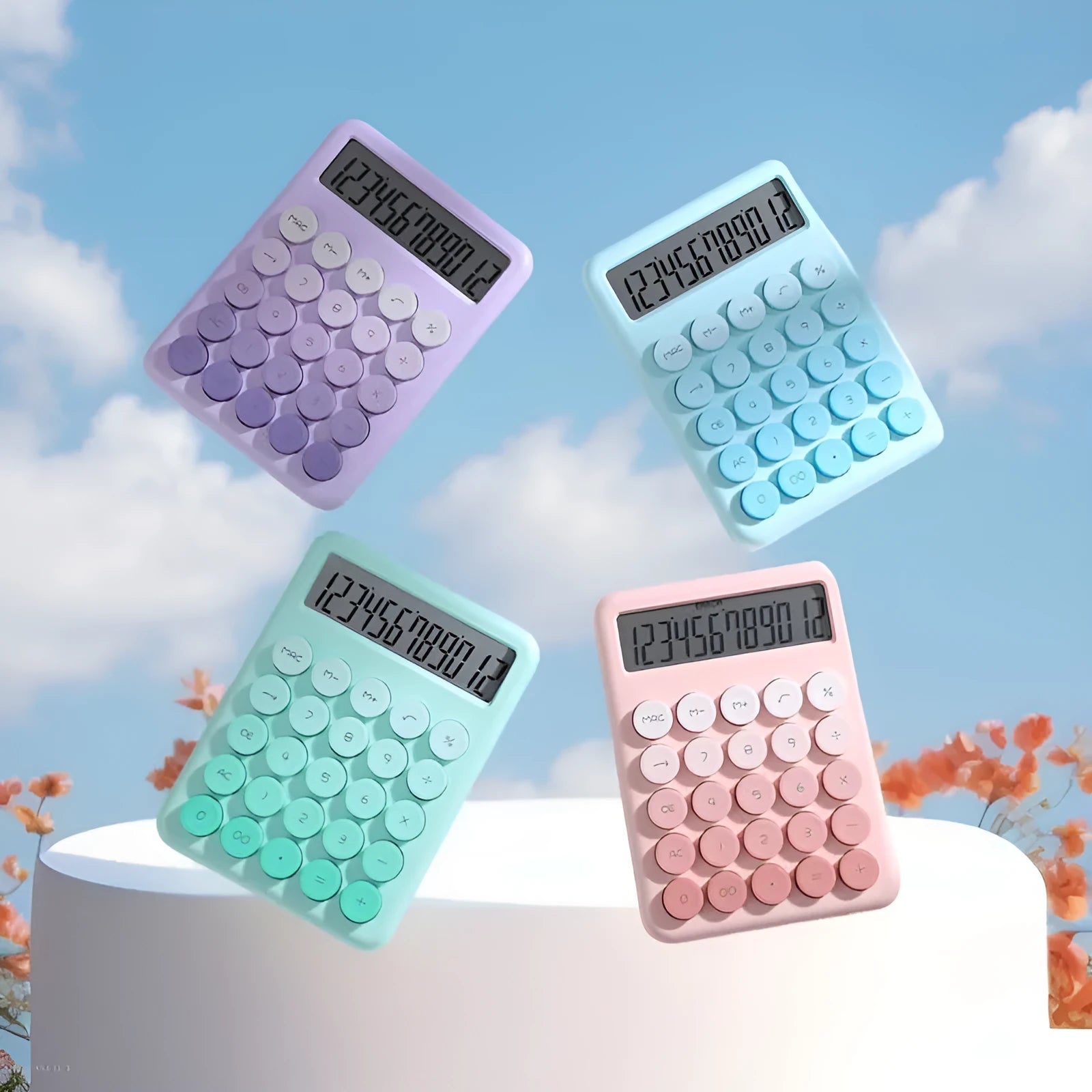 Dopamine gradient colour desk calculator in violet, cherry blossom powder, glacier blue, and mint green variants.