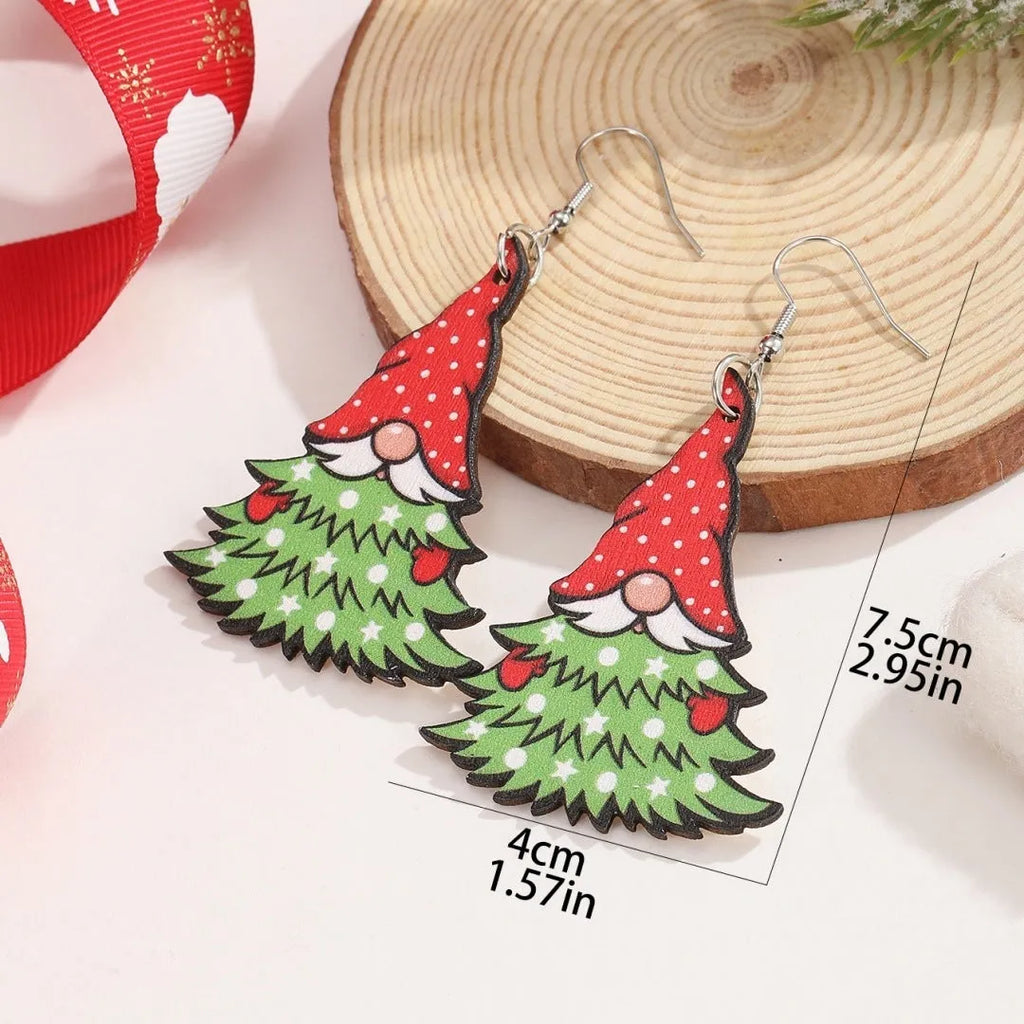 Wooden Christmas earrings with geometric Christmas tree and water drop snowman designs featuring Santa Claus motifs