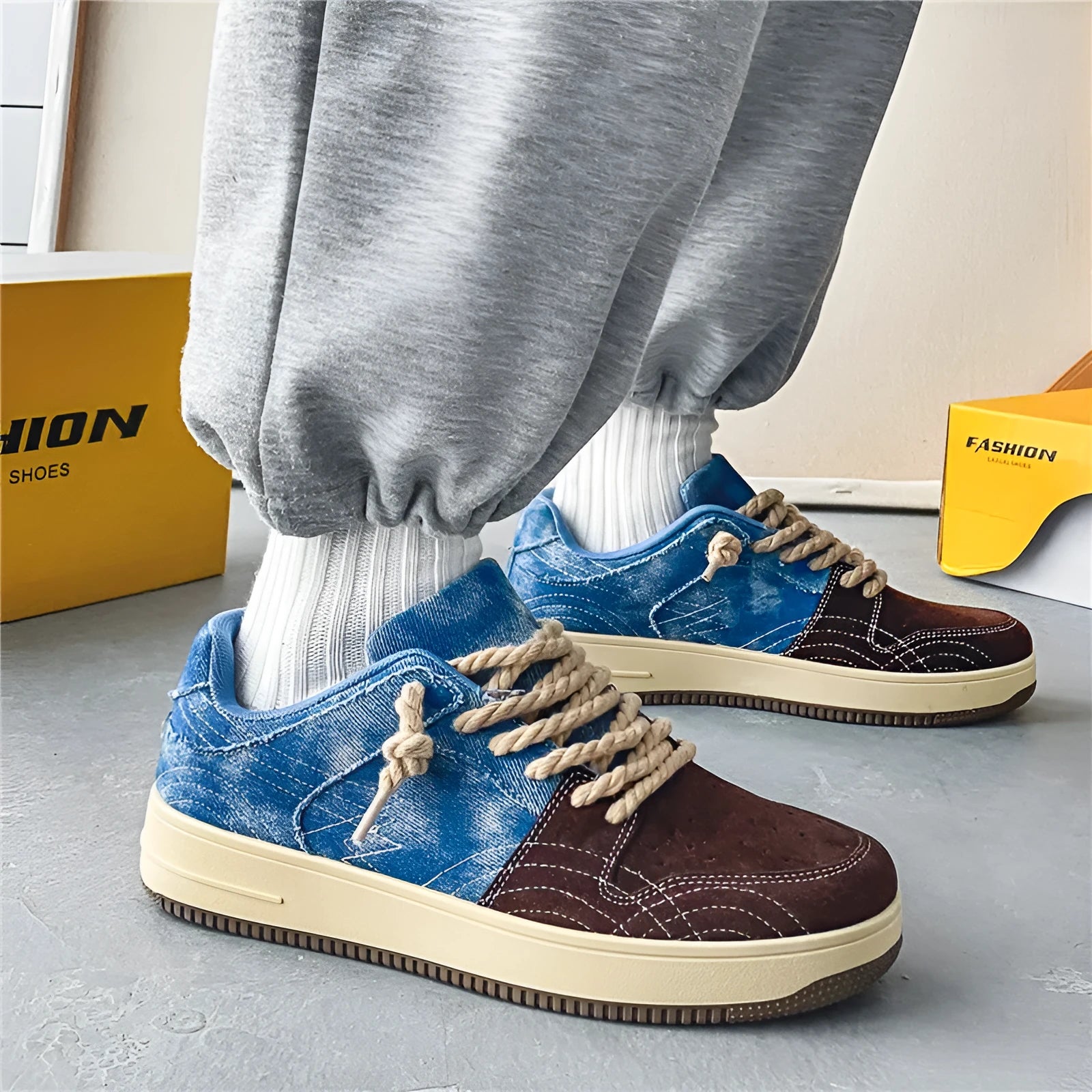 Men’s lace-up denim board shoes in Denim Blue with rubber sole and stitching details