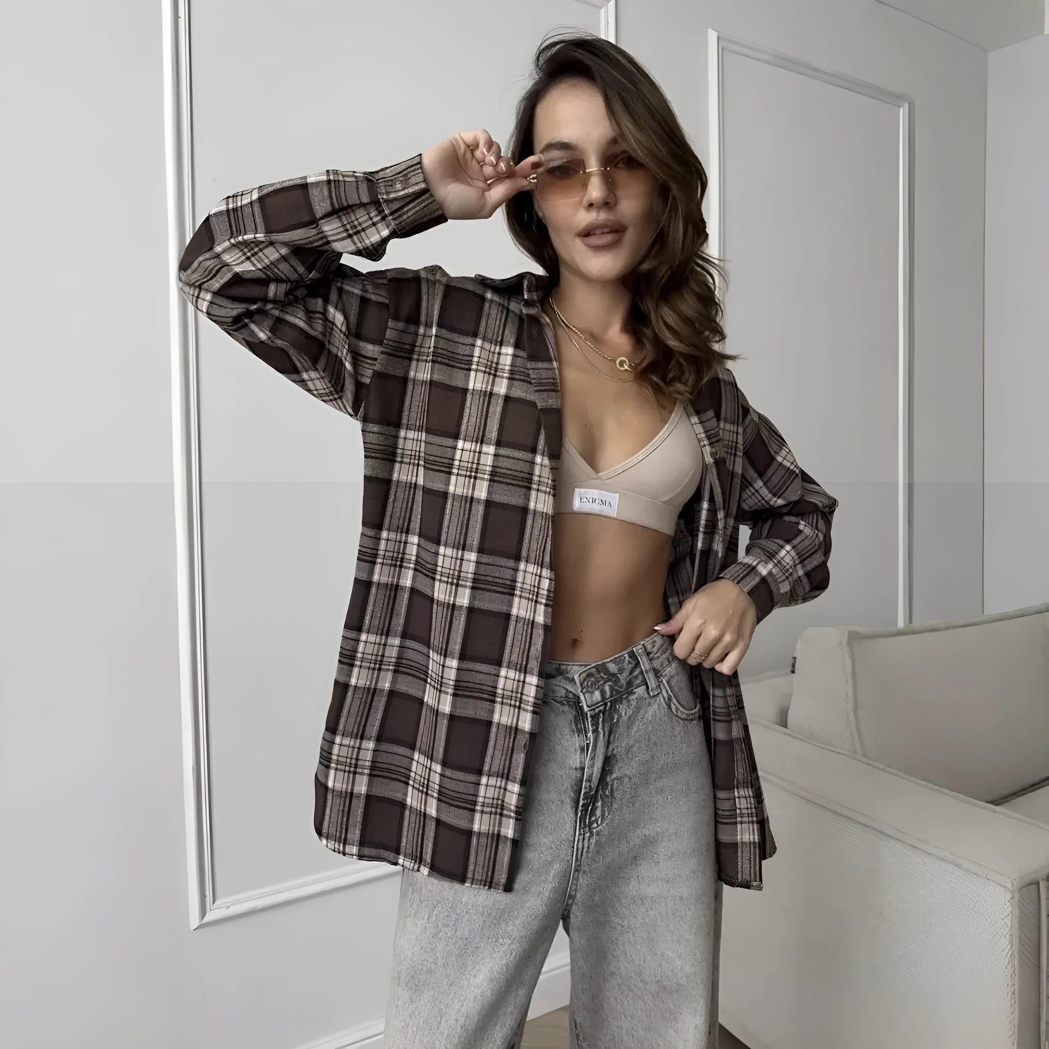 Dark brown striped retro style women's shirt with long sleeves and regular fit
