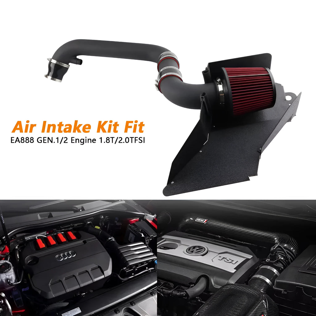 Car modification intake assembly with black duct and red air filter for Volkswagen EA888 GEN2 and EA113 engines