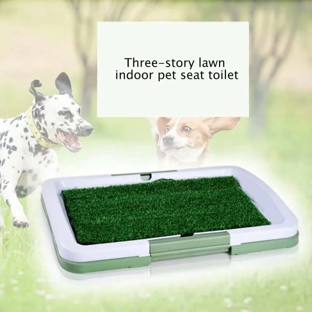 Green artificial grass dog toilet patch with plastic training tray and removable collection base.
