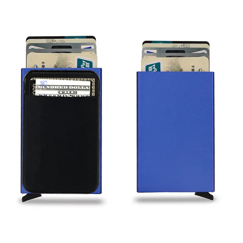 Metal credit card holder with RFID blocking in frosted aluminium alloy showing colour options