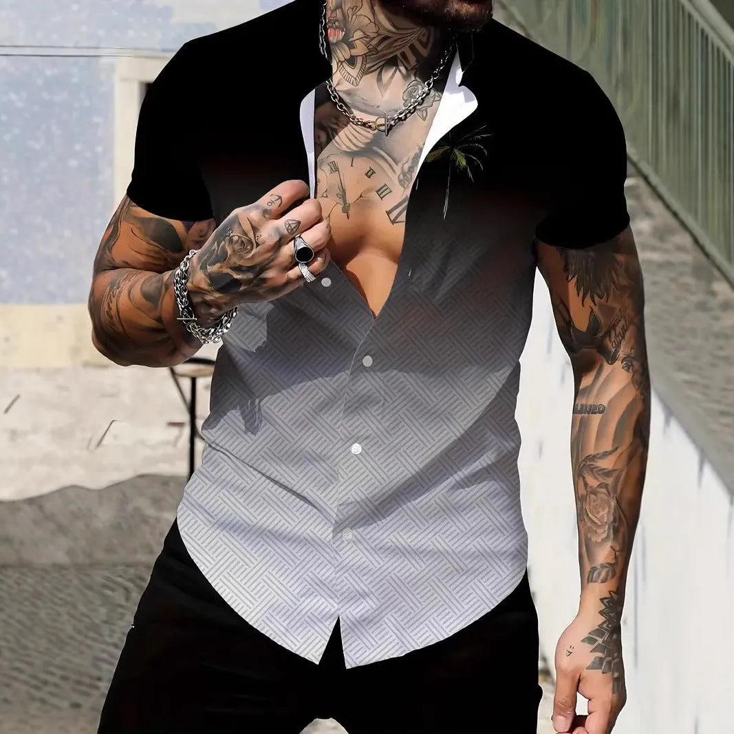 Men's slim fit short sleeve shirt with geometric line printing on lapel in polyester fabric
