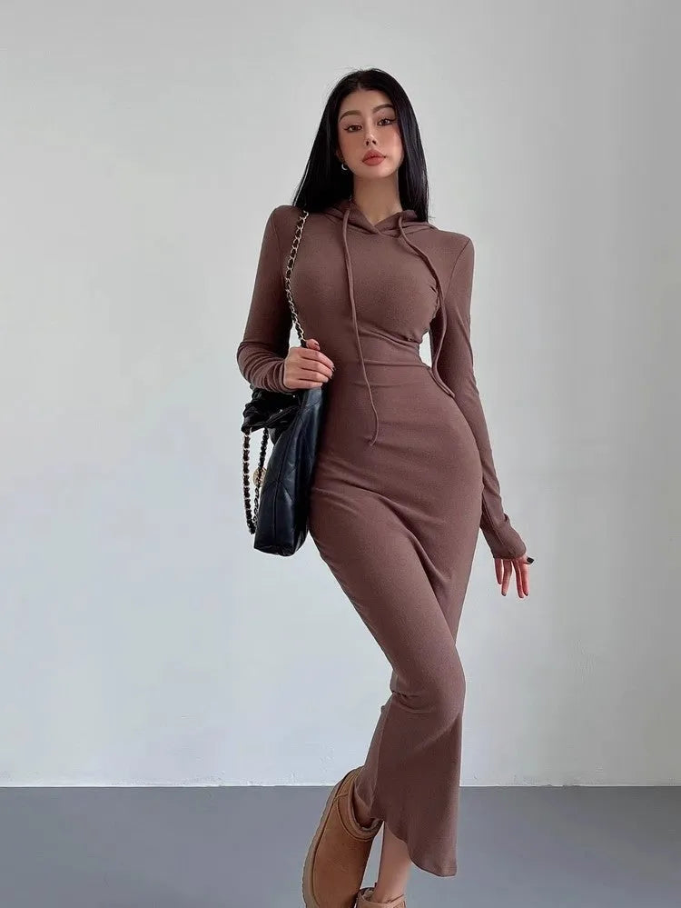 Women's grey hooded long sleeve sheath dress with high waist, shown knee-length.