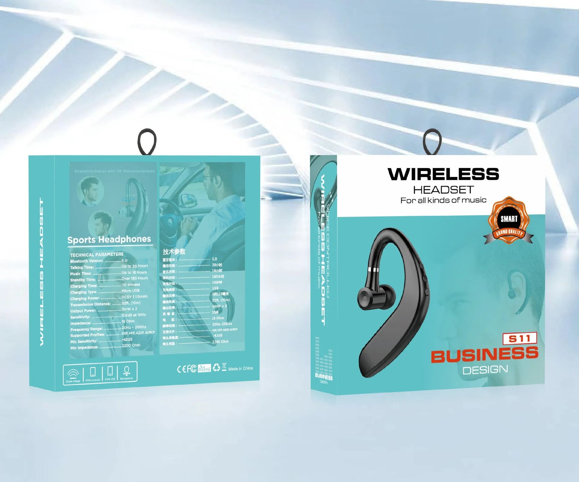 Wireless Bluetooth unilateral in-ear earphone in black or blue with rotatable design