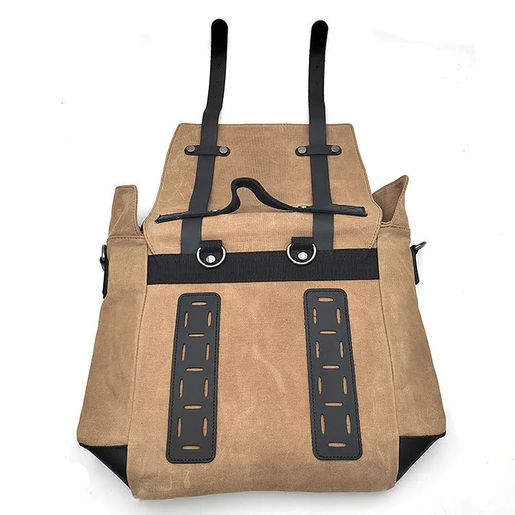 Waterproof canvas motorcycle side bag with cowhide reinforcement in black colour