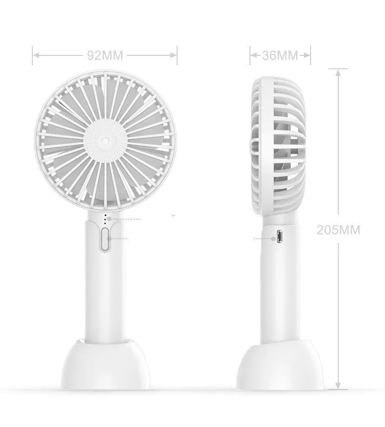 Blue mini handheld USB electric fan with three-speed control on a desk
