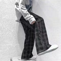 Japanese retro loose pants with plaid pattern in black or green, straight-leg cut, mid-waist design