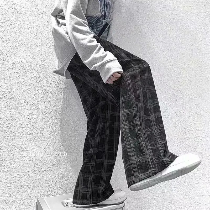 Japanese retro loose pants with plaid pattern in black or green, straight-leg cut, mid-waist design