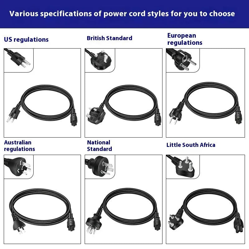 Black 65W USB-C laptop power adapter with six international travel plug cords.