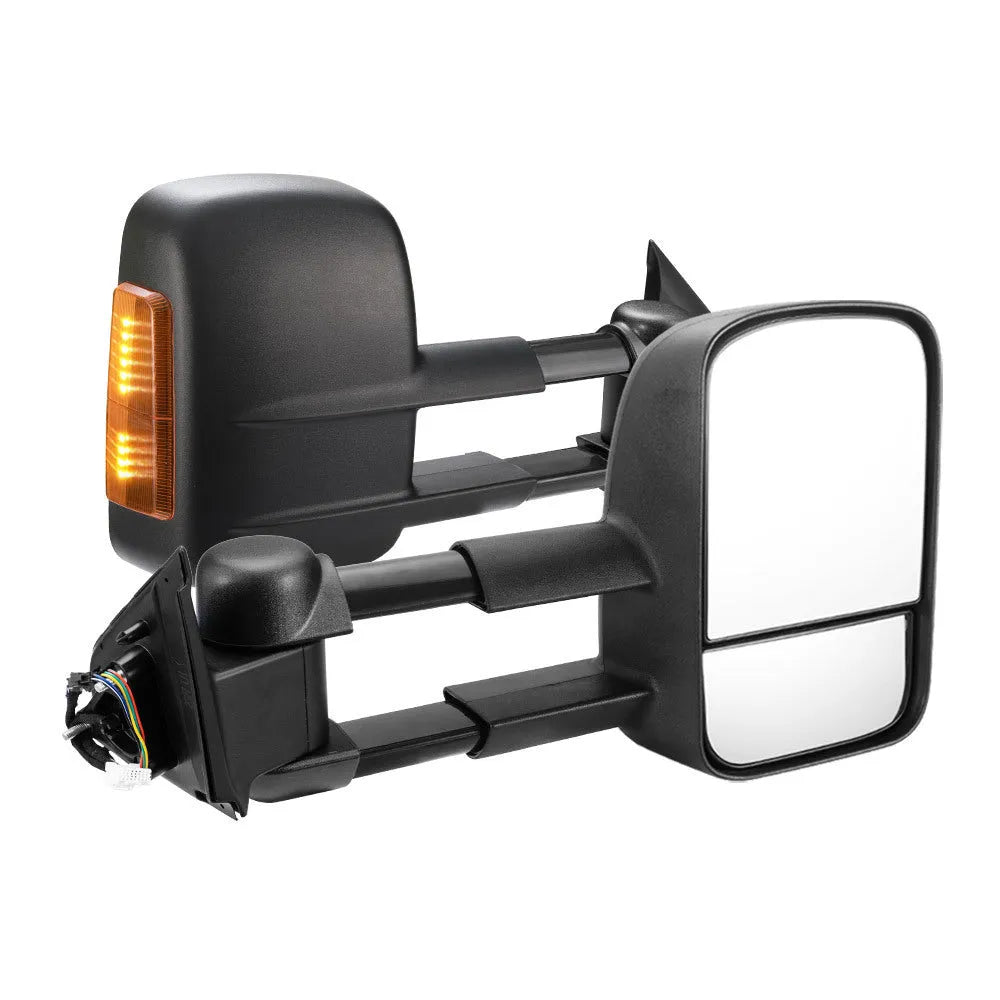 Pair of black electric wing mirrors with integrated side light for Nissan NP300 Navara.