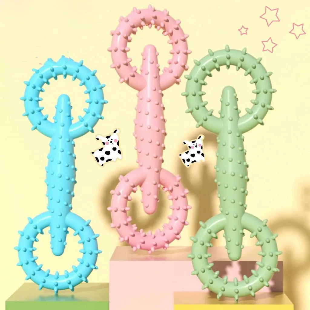 TPR dog chew toy ring for teething puppies in blue, green or pink colours measuring 16x5.8cm