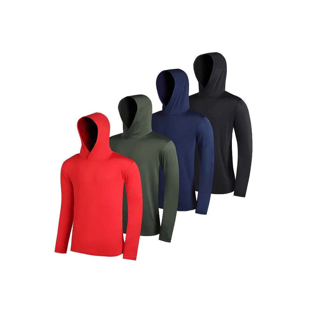 Four-pack of men's lightweight polyester hooded sweatshirts in various colours on hangers.