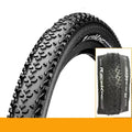 Mountain bike tyre showing tread pattern, available in yellow and white colours for 26, 27.5, and 29-inch wheel sizes