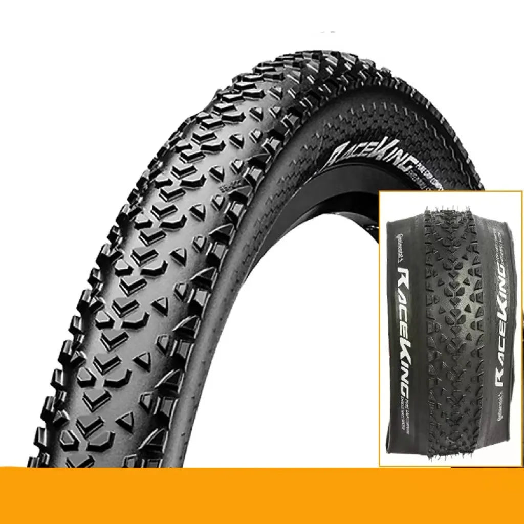 Mountain bike tyre showing tread pattern, available in yellow and white colours for 26, 27.5, and 29-inch wheel sizes