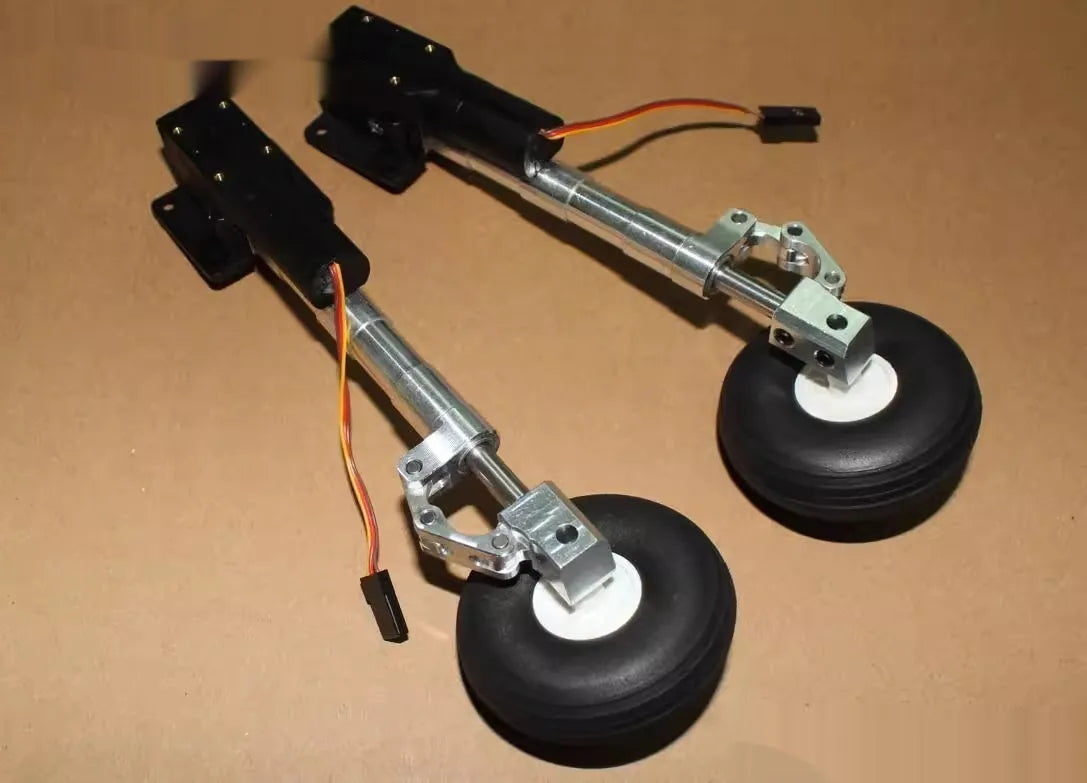 Alloy retractable shock-absorbing landing gear for model aircraft with wheels.