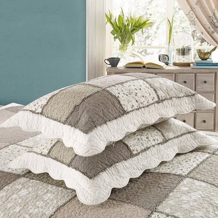 Pure cotton Korean style bedspread set with quilted texture on a bed, showing non-slip cover and matching pillowcases.