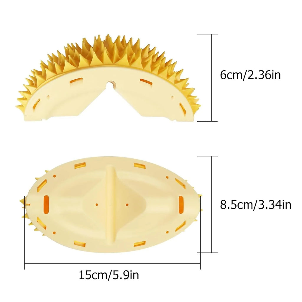 Yellow durian-shaped cat corner massage comb scratcher mounted on a wall.