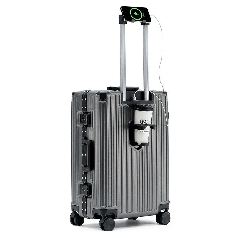 Aluminium frame ABS PC trolley case in avocado green with universal wheels and a USB port.